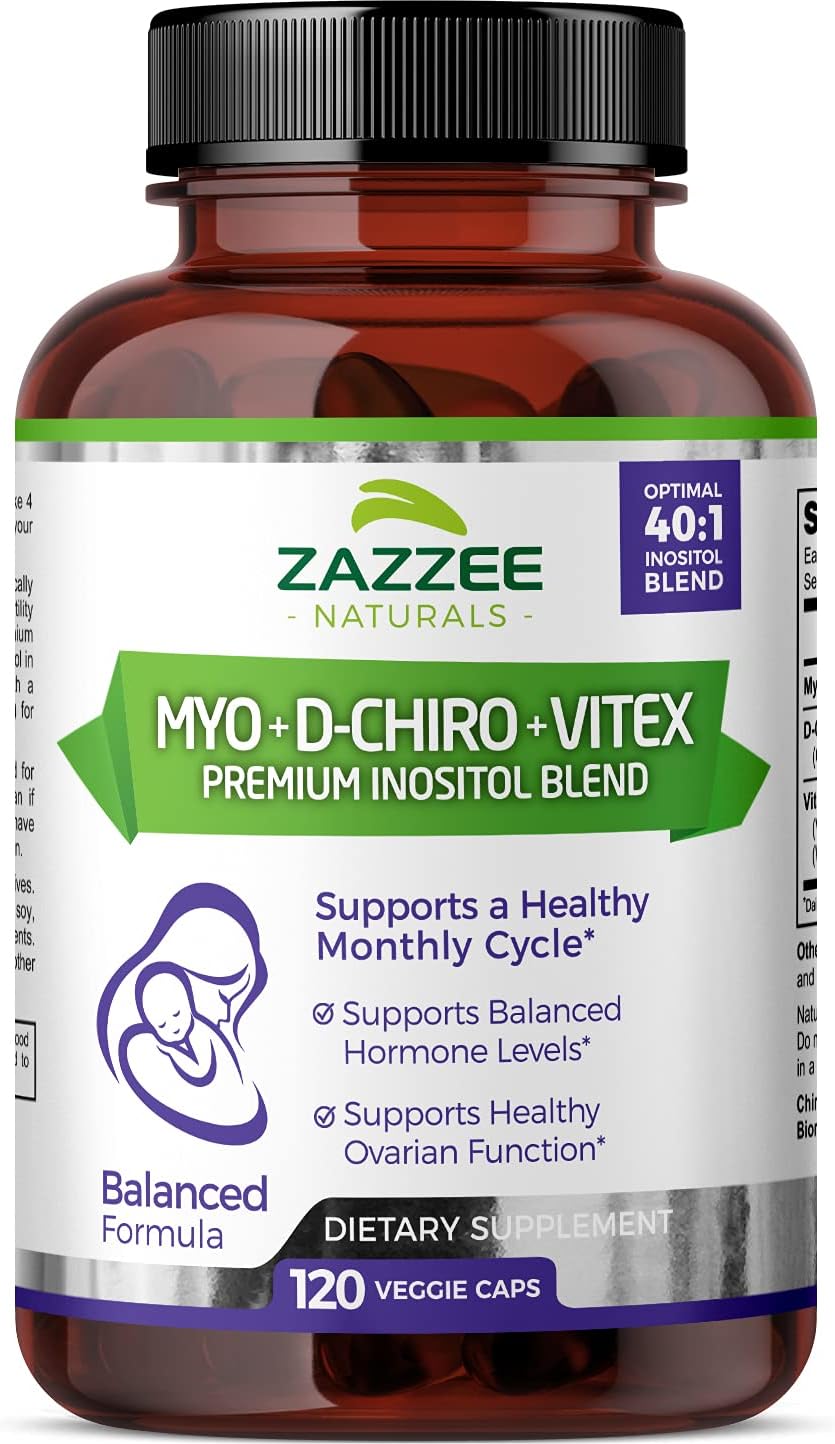 Zazzee Myo-Inositol + D-Chiro + Vitex, 120 Vegan Capsules, Optimal 40:1 Inositol Ratio, with 500 mg Vitex, Vegan, Non-GMO and All-Natural, Supports Healthy Ovulation and a Regular Cycle : Health & Household