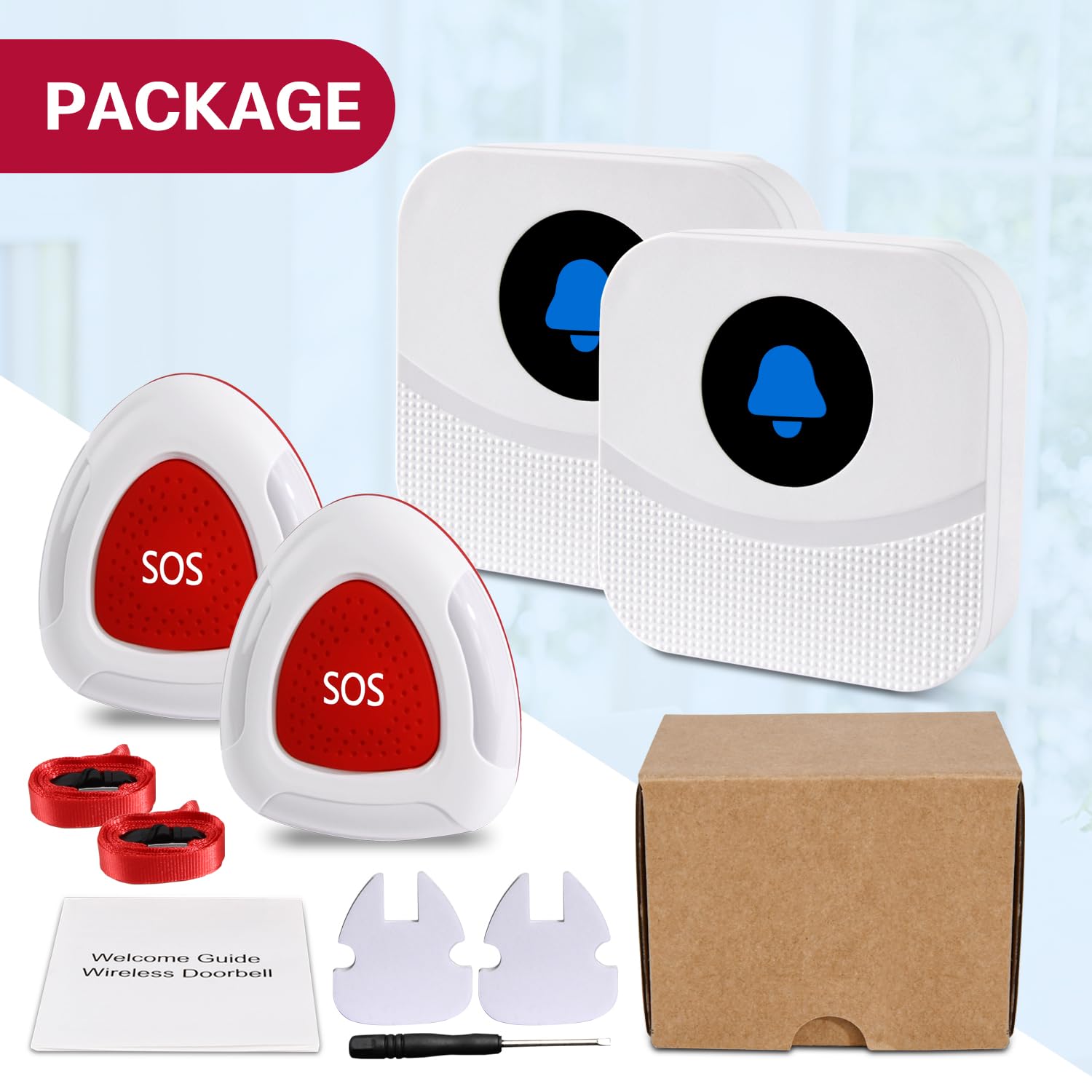 Sistema di chiamata infermiera wireless per uso domestico, 2 ricevitori di allarme plug-in e 2 pulsanti di aiuto impermeabili, portata di oltre 150 m, per anziani/pazienti/disabili