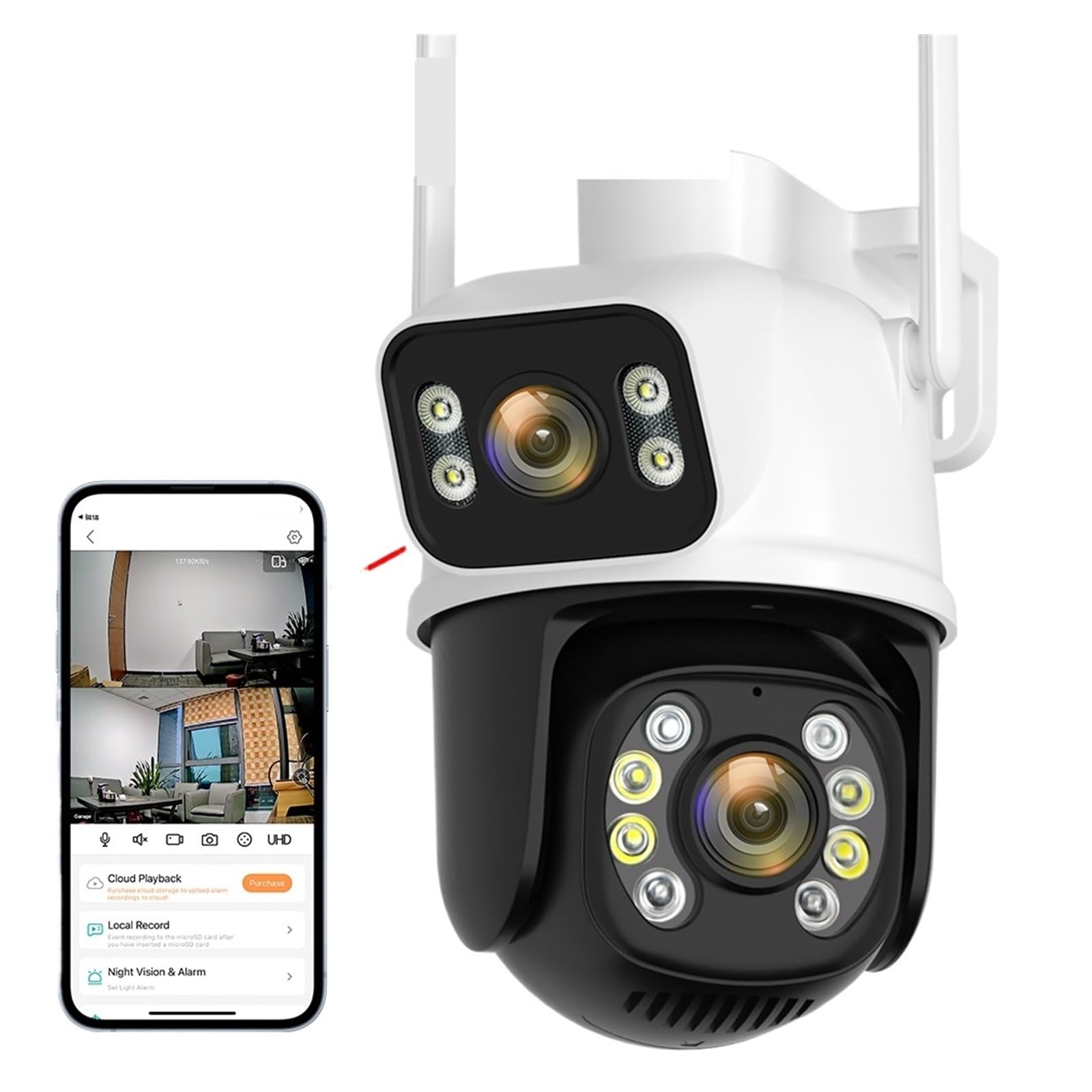MKHJKIOII Security Camera, 8MP 4MP Dual Lens Screen Camera Waterproof Color IR Night Vision Auto Tracking Cloud Surveillance Cameras(4MP Add 128G SD Card)