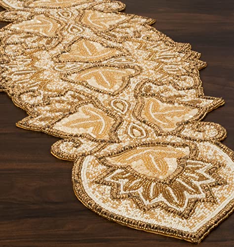 Beaded Table Runner 36Inch,Glitz Table Runner,Decorative Table Runner,Farmhouse Decor Table Runner,Rustic Bridal Shower Beaded Table Runner,Beaded Christmas Table Runner-13X36 Gold White Antique #TOP2