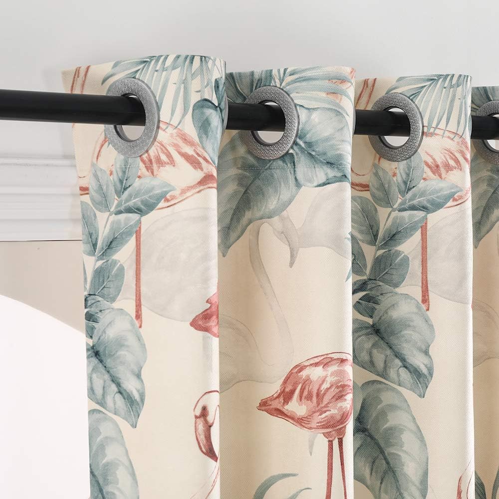 Autumn Dream White Blackout Curtains Drapes Leaves Flamingo Grommet Top Farmhouse Floral Curtains for Living Room,Bedroom,1 Panel, 52by96 inch