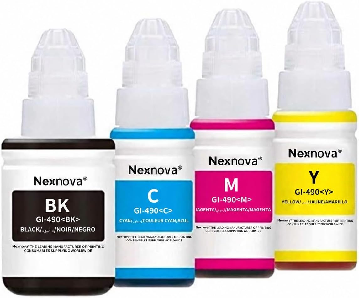 NexNova® ink for Canon GI-490 4-Pack 345ml for PIXMA G3400 G2400 G1400 G4400 G1411 G2411 G3411 G4411 G4410 G3410 Black and Tricolor