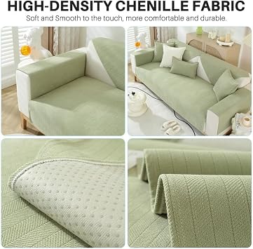 GKXLH New Non-slip Sofa Cover 1 2 3 4 Seater (Chenille Light Green,70x150) | Sofa Covers Washable, Soft Chenille Sofa Slipcovers, Pet-friendly Couch Covers, Stain Protection, Home Decor for Living Room
