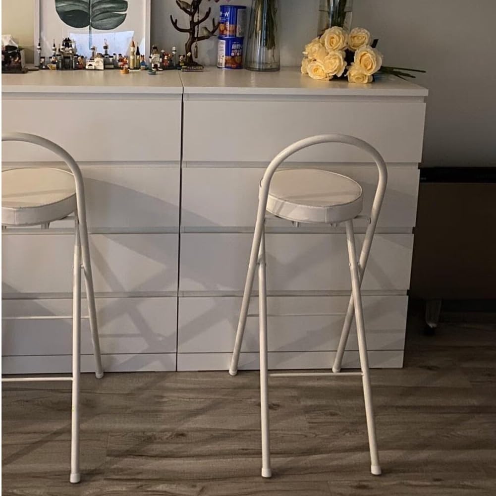 White Portable Folding Chair with Padded Round Seat and Footrest 70cm Counter Height Kitchen Stool(65cm/26in)