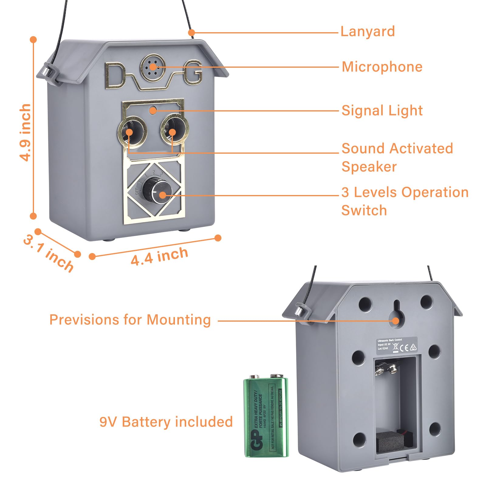 Petmolico Dispositivo antiladrido, dispositivo de control de disuasión de ladridos de perros con 4 niveles, silenciador ultrasónico suave de 20 Hz, dispositivo de entrenamiento sin ladridos, alcance