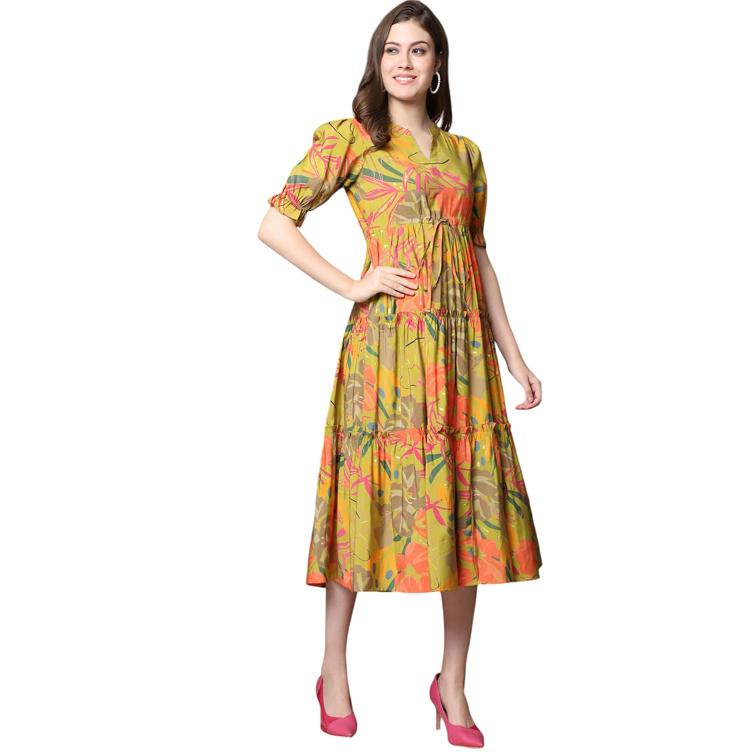 claura Women Floral Print Mandarin Collar Puff Sleeves Maxi Midi Dress-picture-46