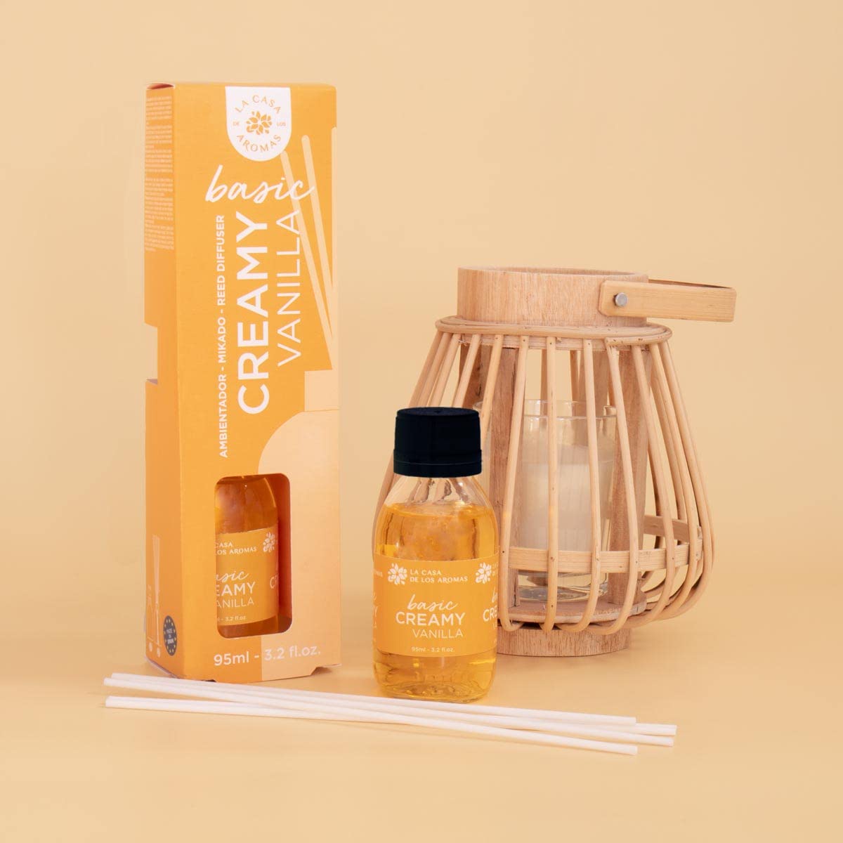 La Casa de los Aromas - Ambientador Mikado Basic Creamy Vainilla - Difusor Líquido con Varillas - Fragancia Duradera 21 Días - Ideal para Hogar, Dormitorio y Baño - 95ml