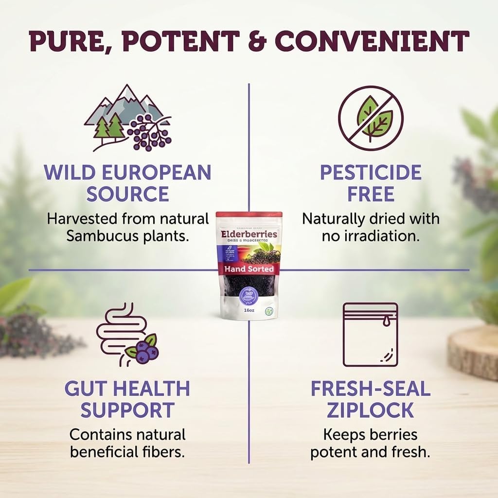 Dried Elderberries - 1lb Bulk - Hand-Sorted, Wildcrafted, Natural, Non-GMO, Whole European Immune System Support for Black Elderberry Syrup, Gummies, Jelly, Tea, Wine, Raw Sambucus, One Pound