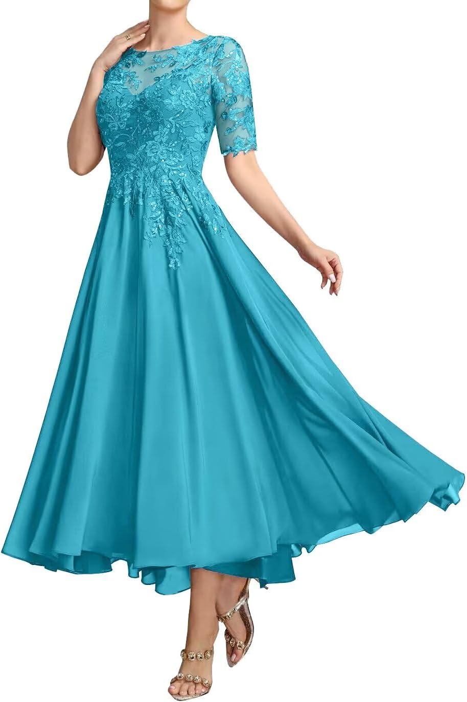 Mother of The Bride Dresses for Wedding Lace Appliques Chiffon Short Sleeve Mother of The Groom Dress Ankle Length He6017