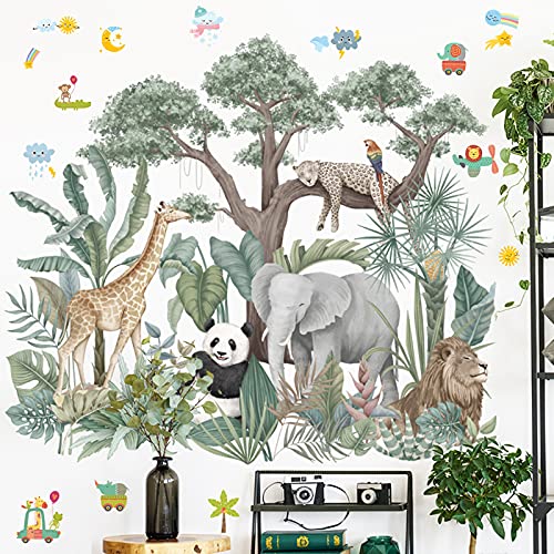 Cartoon Jungle Animals Wall Stickers, Elephant Giraffe Panda Leopard Green Plants Animal Kids Wallpaper Decals, Removable Diy Zoo Art Mural For Baby Bedroom Nursery Living Room Home Decoration(F) #TOP3