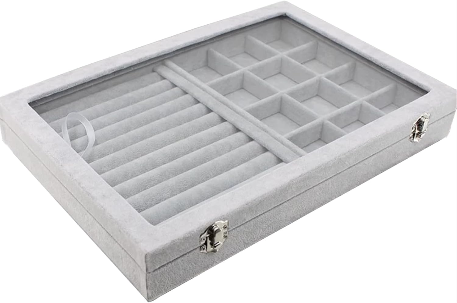 Jewelry Tray with Glass Lid,13.8" x 9.5" x 2" Velvet Jewelry Organizer Box, Adjustable Earring Storage Organizer, Drawer Ring Organizer, Gift for Women Girls (Gray)