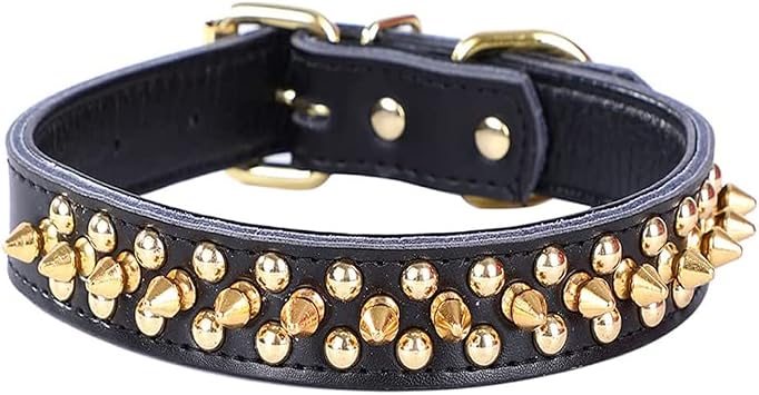 Serijoars Adjustable Genuine Leather Spiked Studded Dog Collars for Small Medium Large Pets/Pit Bull/Bulldog/Pugs/Husky M, Black