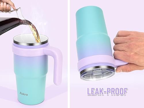 Miniatura 7 de Zukro Vaso aislado con forro de cerámica de 20 onzas con asa y popote para un sabor puro de café, taza de viaje reutilizable con tapa a prueba de