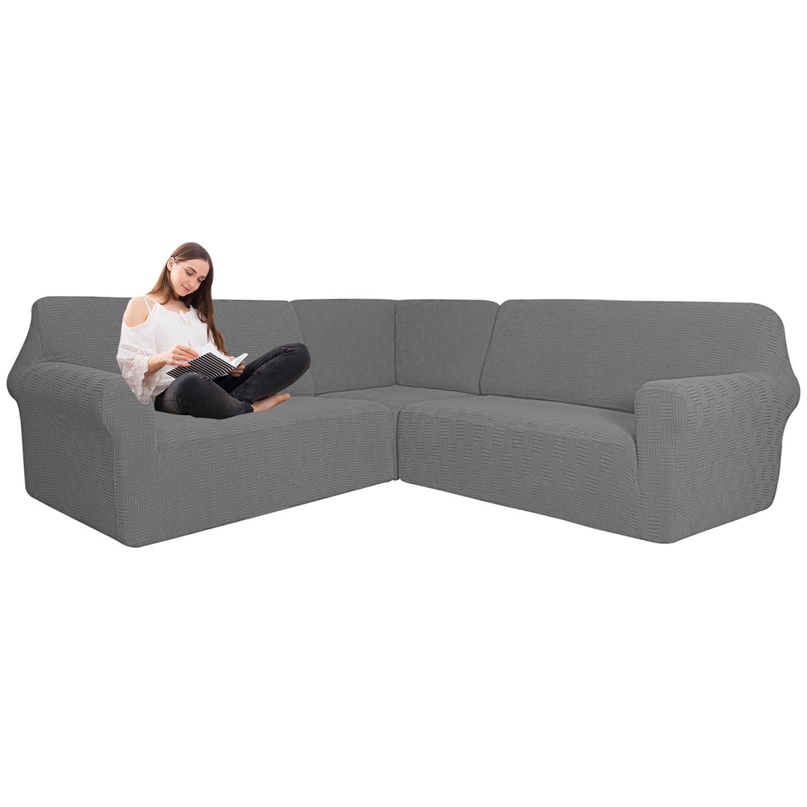 JUNLEBUYI Stretch Jacquard Corner Sofa Slipcover, 3 Pcs L Shape Couch Covers for Sectional Corner Sofa 5/7 Seater, Sectional Couch Protector for Living Room (Light Grey,7-Seater)