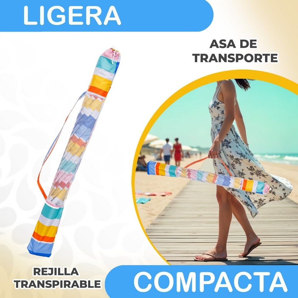 MONTY Sombrilla playa con soporte arena, bolsillos interiores, multicolor, revestimiento plateado UPF+50, techo antiviento, varillas flexibles fibra vidrio, mástil inclinable, regulable altura