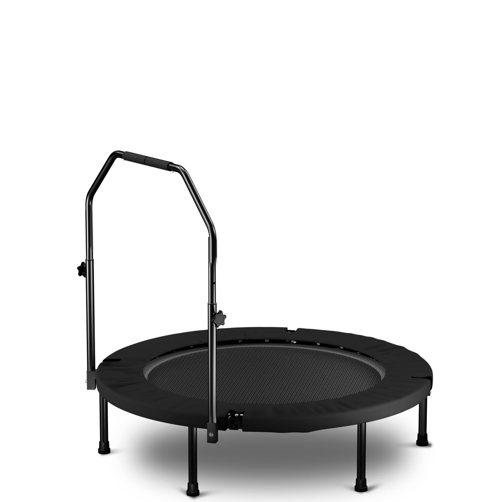 Trampolina fitness, składana, 101 cm, z uchwytem mocującym – mini trampolina dla dorosłych, uchwyt N, 36 sprężyn i 6 nóg – stabilna trampolina do domu i kardio – czarna
