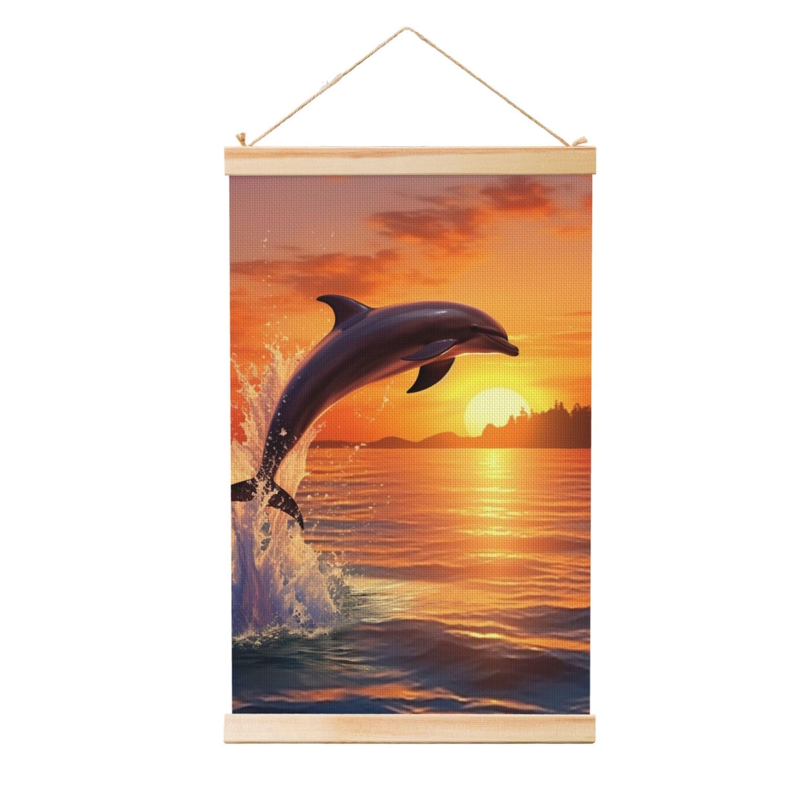 Sunset Dolphin Posters Wooden Shaft Hanging Poster Canvas Prints Scroll Wall Art Painting Vintage Wall Banner Modern Artwork Decor for Home Decor Ready to Hang 16"x24"