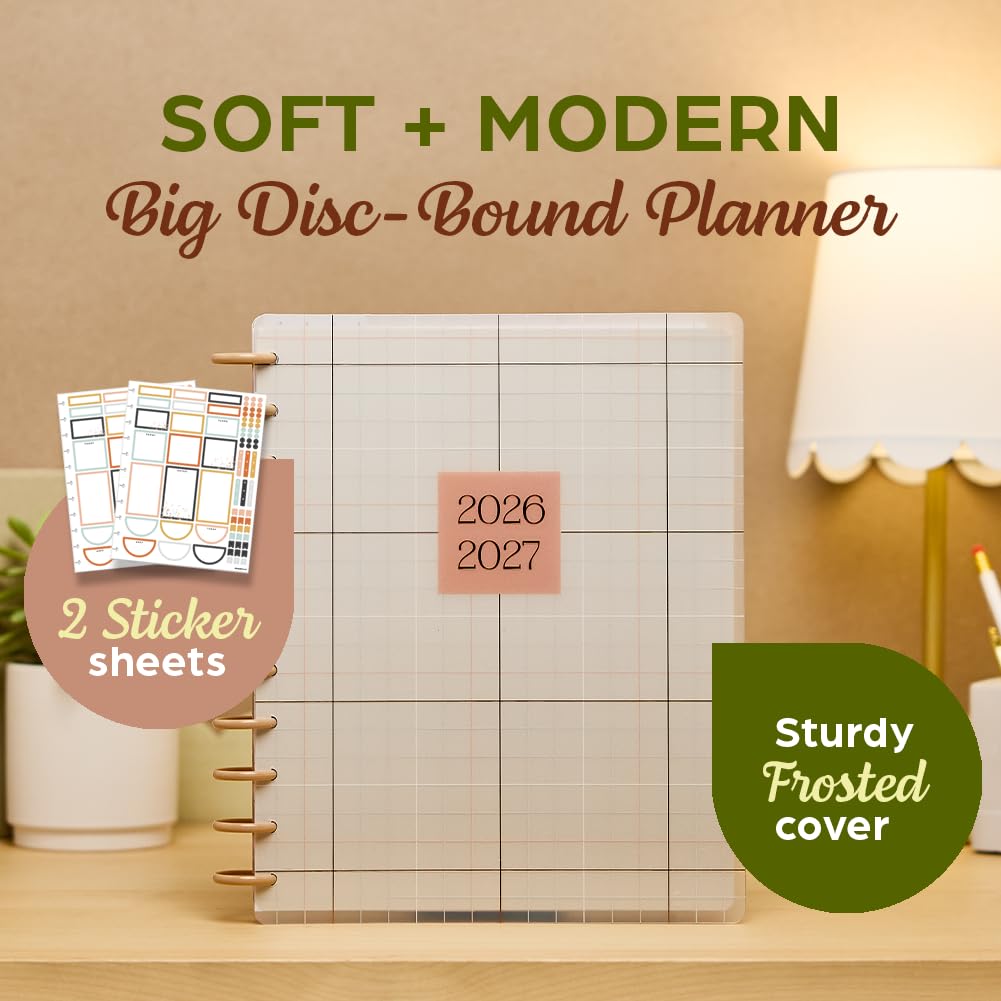 Happy Planner - Planificador encuadernado en disco de julio de 2026 a junio de 2027, tamaño grande | Incluye 3 meses adicionales y 2 hojas de calcomanías, 8.5 x 11 pulgadas, diseño para profesores, tema suave y moderno
