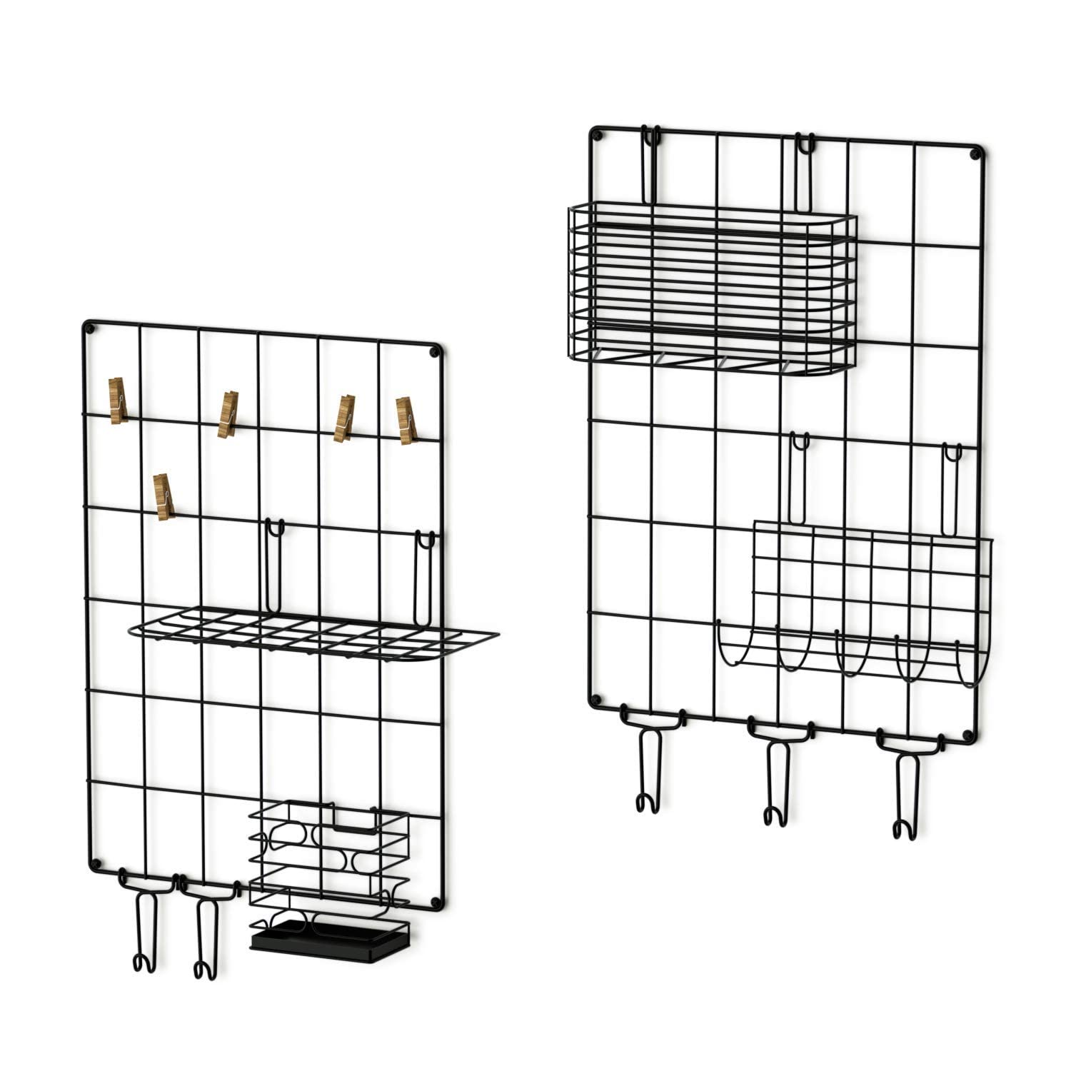 INDIAN DECOR. 283084 Wall Grid Panel Wire Grid Panel Set of 2 for Wall Decoration or Organization, 5 Hooks and 5 Clips 1 x Letter Frame, 1 x Hanging Basket, 1 x Pen Holder and 1 x Hanging net