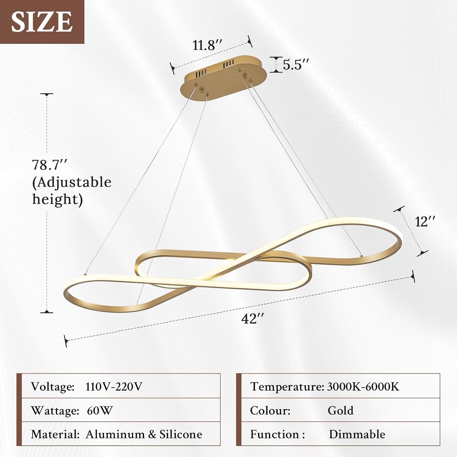 Modern LED Chandelier Gold Dimmable LED Pendant Light for Dining Room Light Fixture Over Table Modern Kitchen Island Lighting High Ceiling with Remote for Living Room(42 Inch, 3000K-6500K)