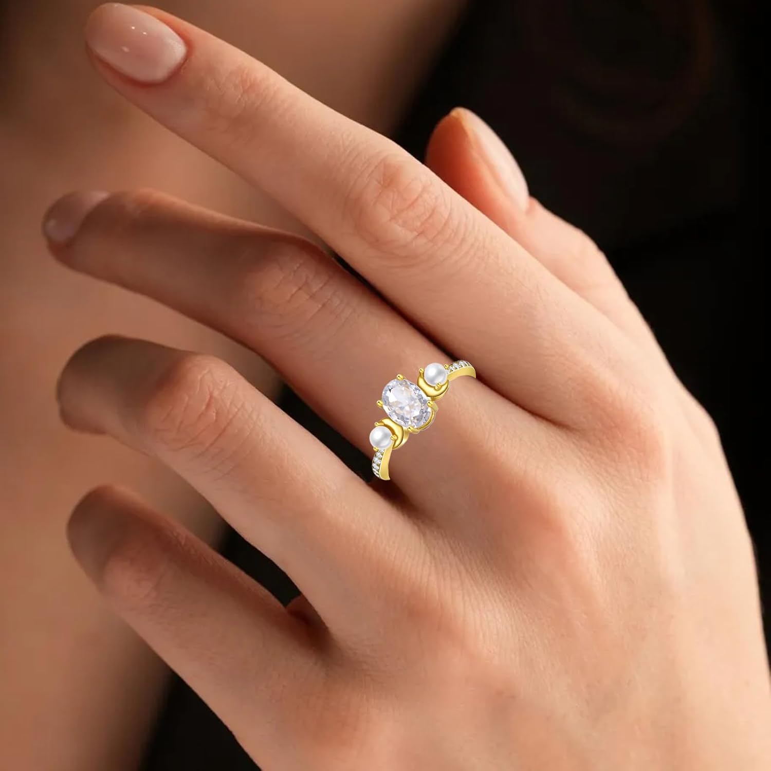 10K 14K 18K Gold Oval Cut Gemstone and Pearl Rings for Women 6×8MM Gemstone and Freshwater Cultured Pearls Promise Statement Anniversary Ring for Her Size 4-15