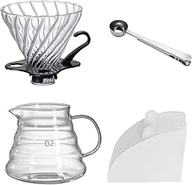 Kit Completo Cafeteira V60, Coador de Vidro com Suporte, Jarra 500ml, 50 Filtros de Papel Branco e Colher Dosadora Inox (Filtro Branco)