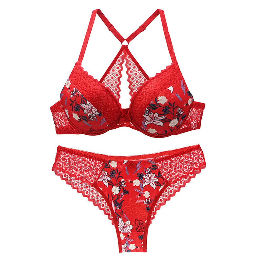 Gangcheng Women's Red Bra Underwire Padded Extreme Push Up Sexy Lingerie Underwear Set 40A