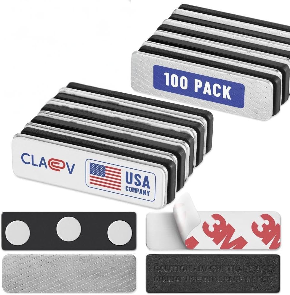 Claev - Name Tag Magnets - 100 Pack, 1.75 x 0.5 inches - Adhesive Two-Piece Design for Effortless Badge Attachment - Name Badge Holders with 3 Powerful Neodymium Magnets