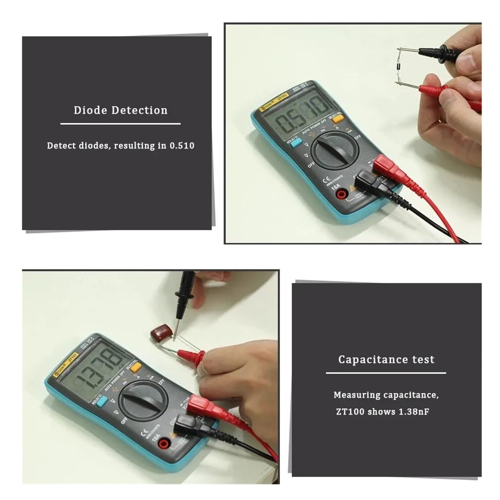 Multimetr Cyfrowy 4000 Zliczeń Napięcie DC/AC Prąd Pojemność Hz Dioda Ohm Tester Amperomierz Woltomierz Podświetlenie Szybko Dokładnie Łatwy Odczyt(ZT100 with T1101)