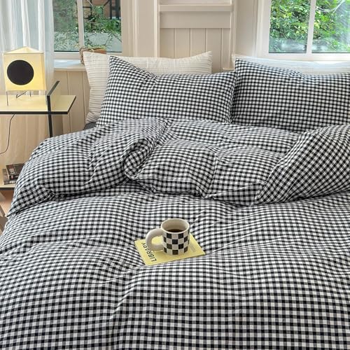 Image of LifeTB Black Gingham Comforter Full Size Boho Plaid Checkered Pattern Comforter Geometric Grid Plaid Printed Bedding Comforter Set with 2 Pillowcases Fluffy Bed Luxury Soft Gingham Bedding Set Full