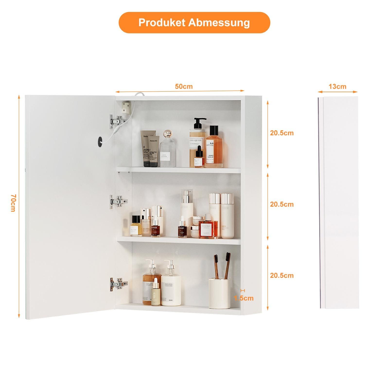 Badezimmer-Medizinschrank mit Lichtern, LED-Medizinschrank mit Spiegel, Spiegelschrank mit Beleuchtung, Dimmer, Smart-Touch-Sensor-Steuerung, 50x70x13 cm