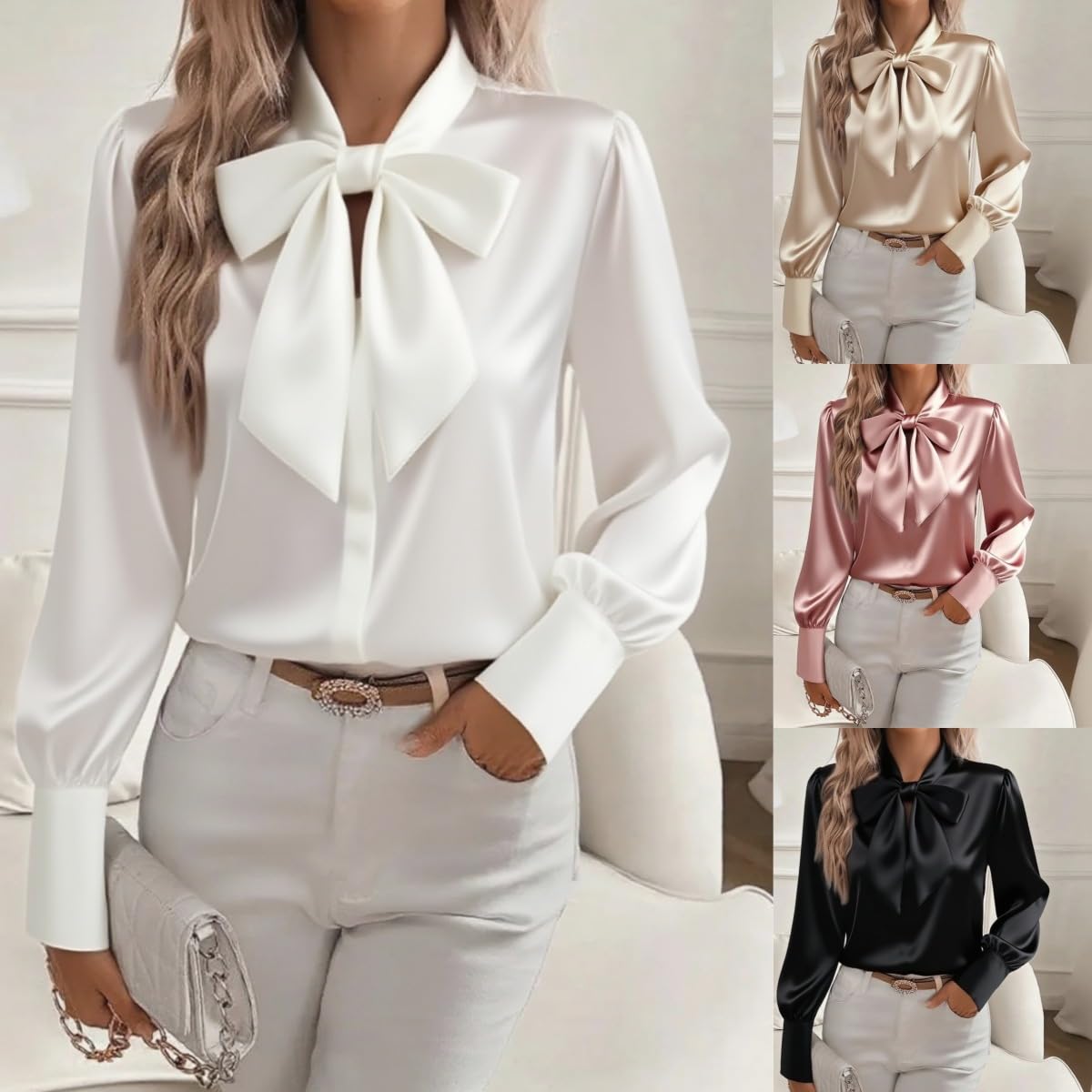 Camicie da donna in raso con fiocco, eleganti camicette di seta a maniche lunghe casual eleganti top da lavoro da donna 2025