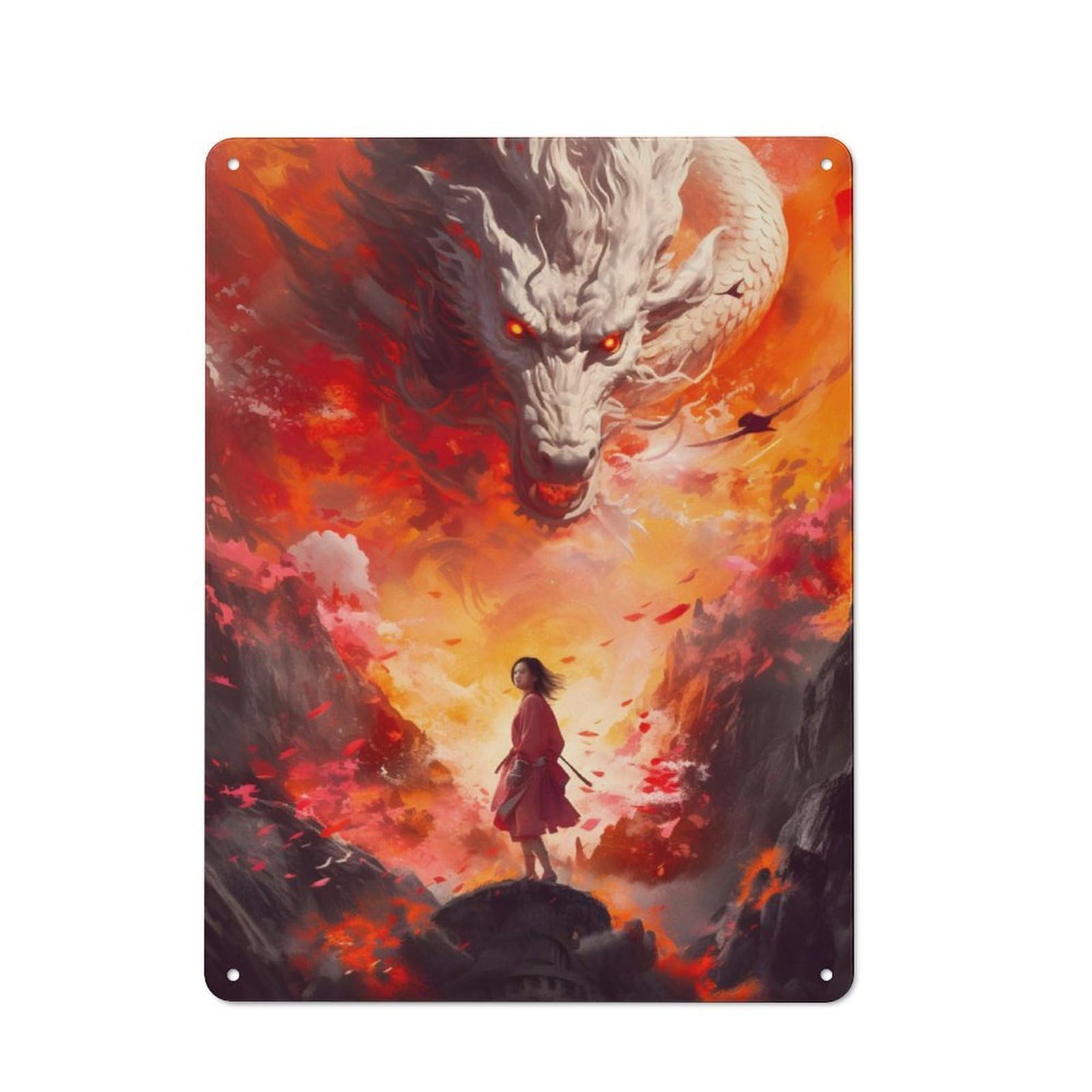 Junmoney White Dragon Fire Metal Wall Sign 40X30cm, Rustic Decor For Hallway Wall, For Metal Sign Collectors, For Garage And Workshop Walls
