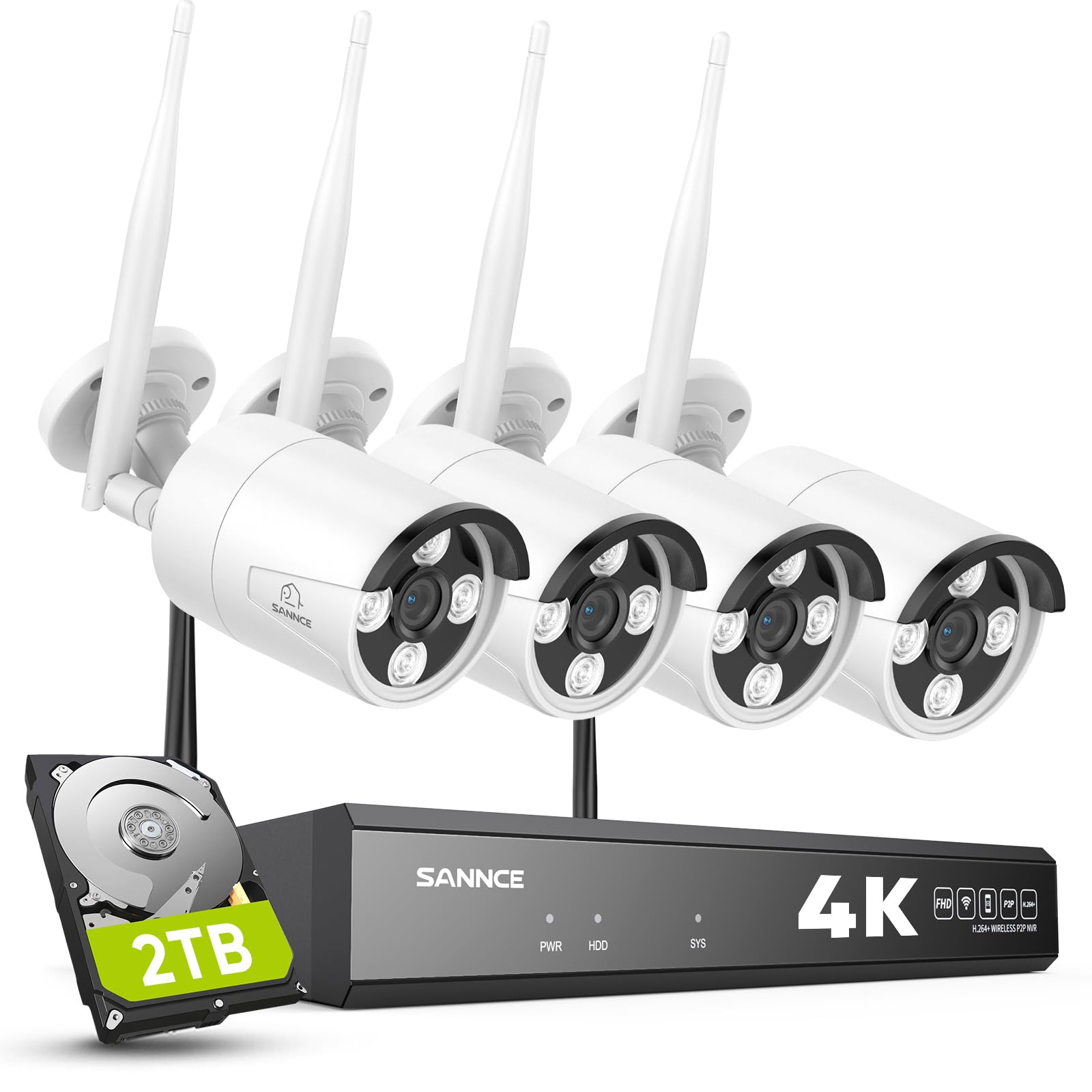 SANNCE Système de Caméras de Surveillance sans Fil 16CH CCTV, 4 Caméras 4K Extérieures pour la Maison avec Enregistreur NVR 8MP 16 Canaux et Disque Dur 2 to