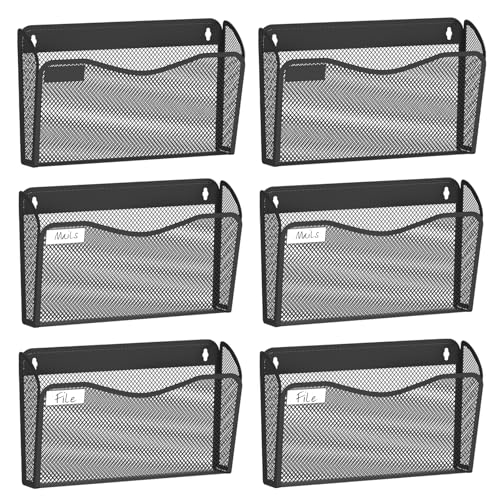 Wall File Organizer, 6 Single Pockets Mesh Hanging File Organizer, Mount Document Magazine Rack with Labels, Hanging File Folders for Office, Home and School, Black image 4