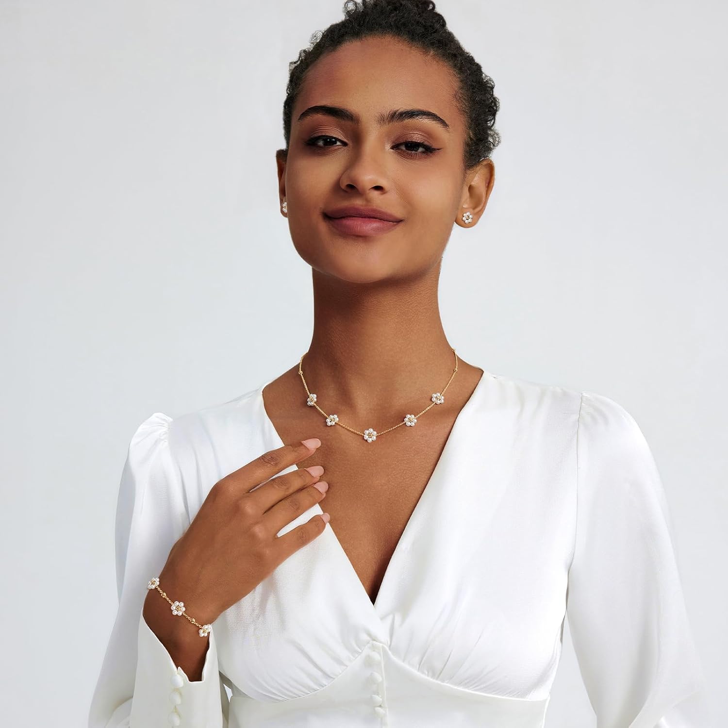 Zeffy Gold Pearl Necklace for Women, Dainty 14K Gold/Silve Plated Layered Pearl Choker Pearl Earrings Pearl Bracelets Wedding Trendy Gold Jewelry Set for Women Gifts - Image 3