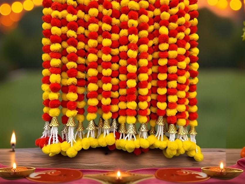 5 Pc 5 feet Long Marigold Garland for Decoration Long Strands Artificial Marigold Flowers | Indian Décor for Pooja | Wedding | Christmas | Diwali Decor (Yellow & Orange)