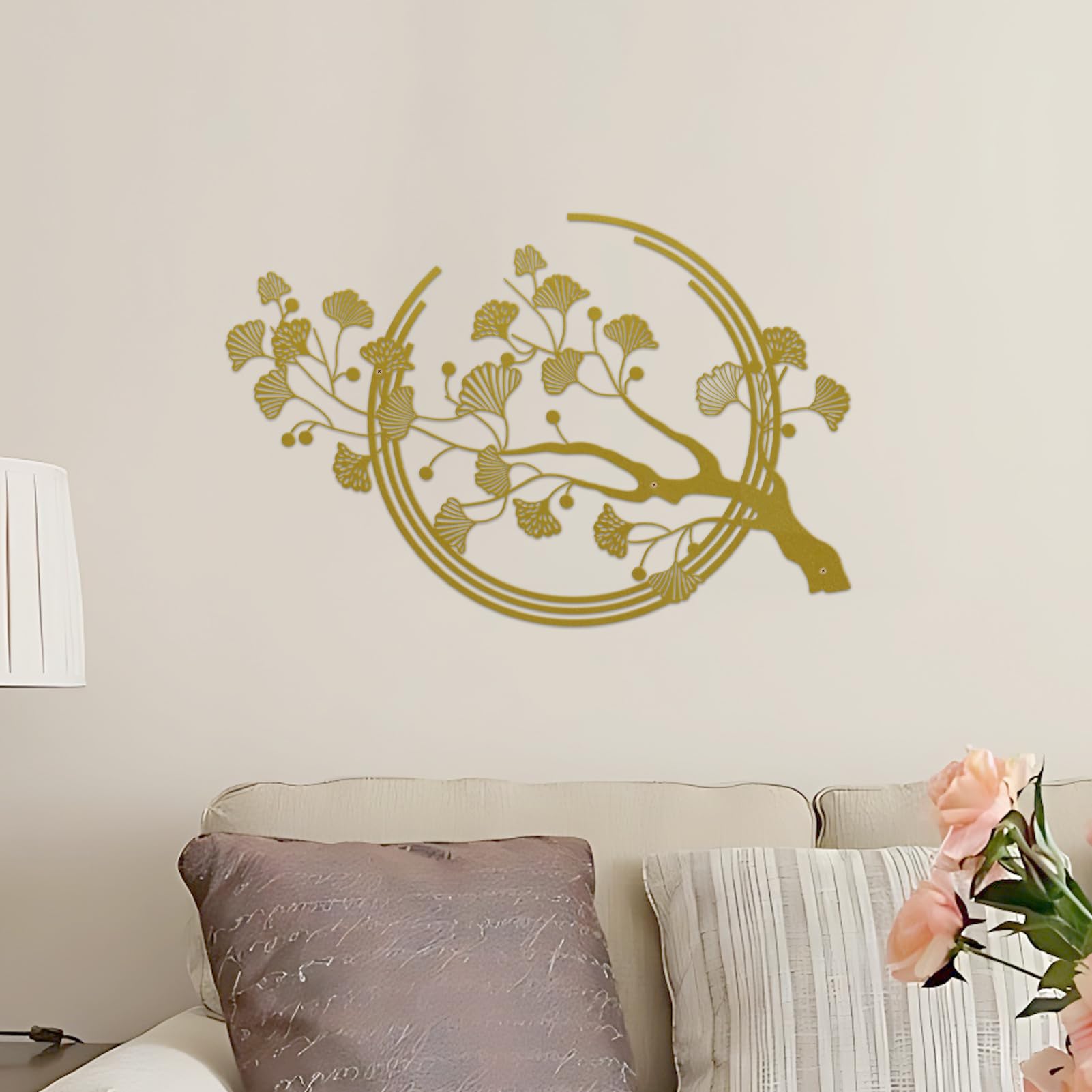 Décoration murale en métal avec grandes feuilles de ginkgo - Convient pour le salon, la chambre, le bureau, le bureau (doré)