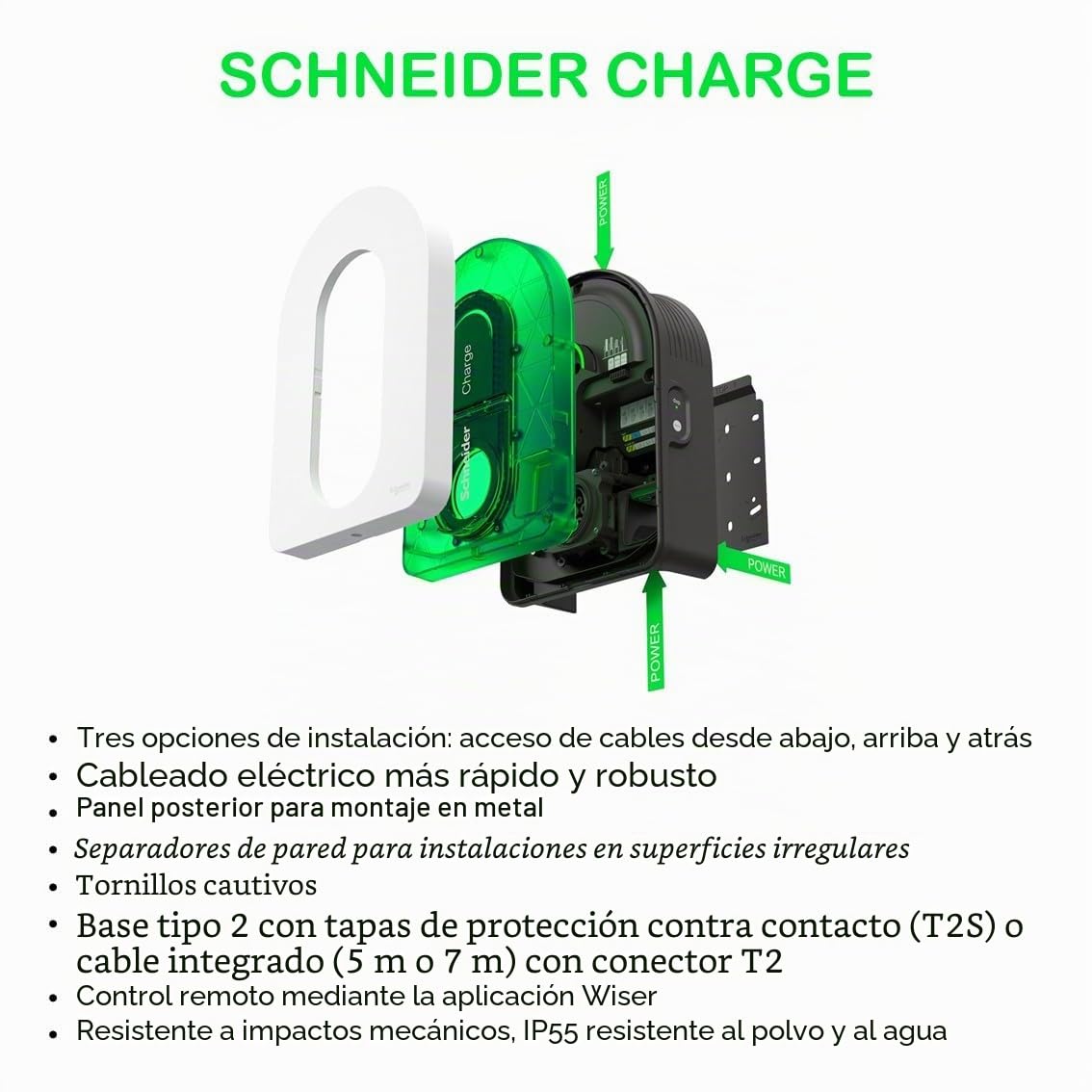 Schneider Electric Smart Wallbox Schneider Charge 11kW, Columna de Carga para Coche eléctrico, Cable T2 de 7 m, detección de 6 mA, Control de aplicación, Interior y Exterior