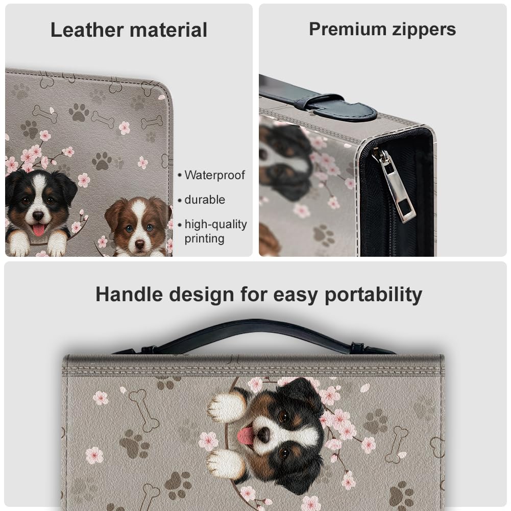 Hobbspring Bible Holder Case for School Office Sheepdogs Bible Protective with Handle Bookmark Cherry Blossoms Bibles Cover with Zipper and Label Stickers for Students Adults Brown PU Leather Bag - Image 4