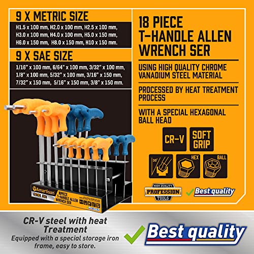 Amartisan 18-Piece T-Handle Allen Wrench Set, Metric(1.5Mm-10Mm) And Sae(1/16"-3/8"), Long Arm Ball End Hex Key Wrench Set #TOP6