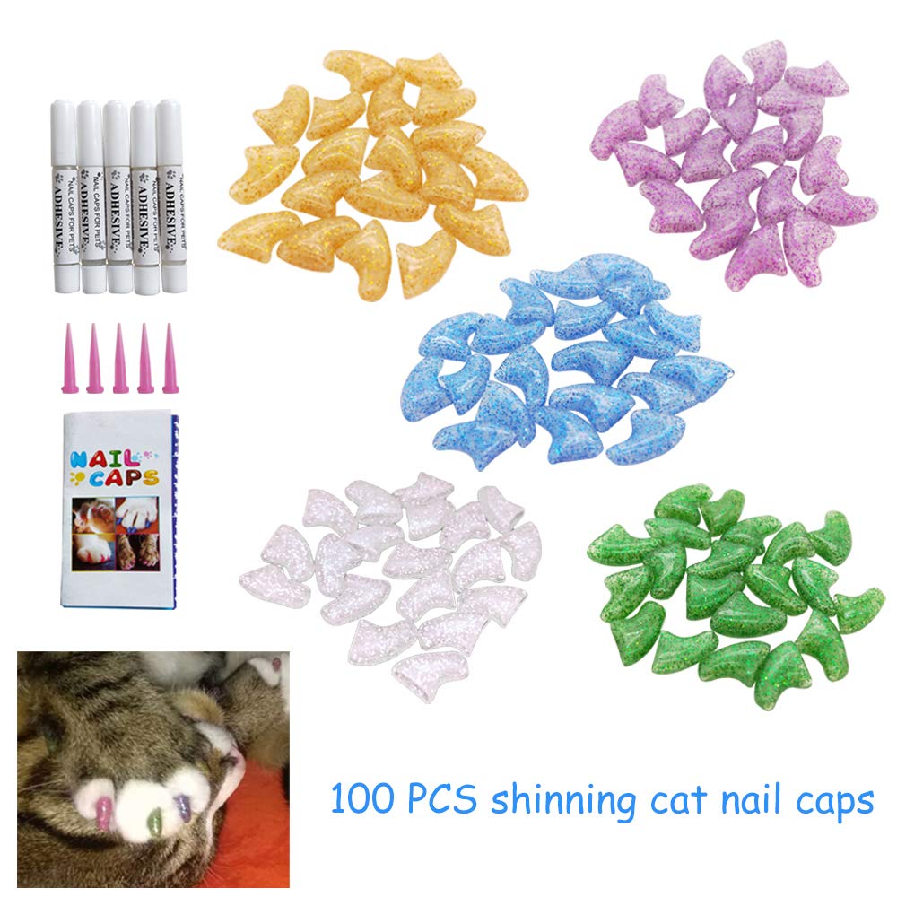 Cat Nail Caps Pet Claws Rubber Covers Paws Care with Glue and Applicators 5 Colors 100Pcs (M)