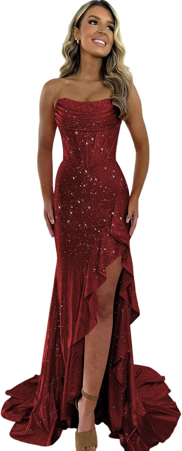 Sparkly Sequin Prom Dresses for Women 2026 Strapless Mermaid Slit Formal Cocktail Party Gown