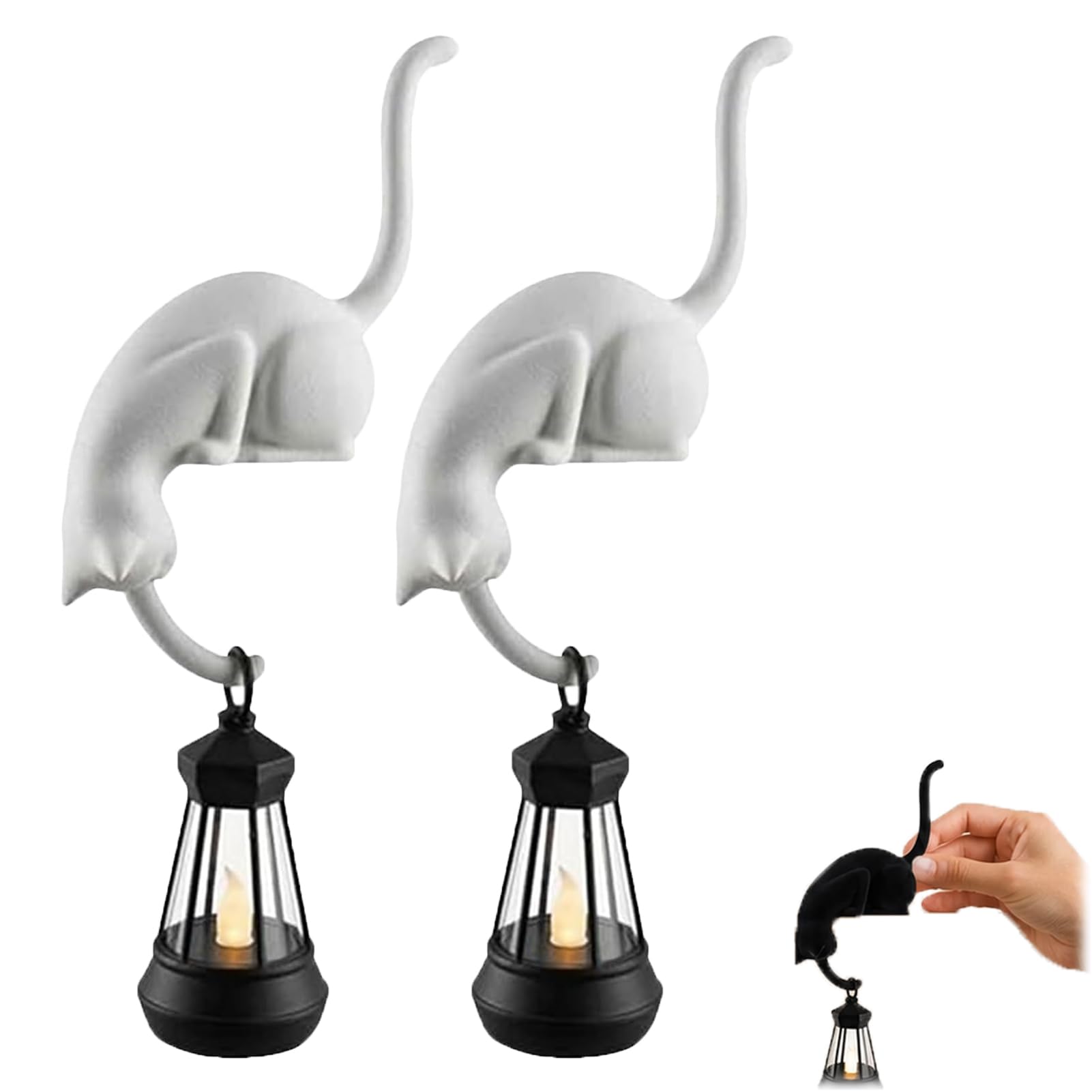 Damalithium Cat Bookshelf Decor, 3D LED Hanging Cat Figurine with Retro Lantern, Shelf Ornament Night Light for Porches, Patios and Home (White)