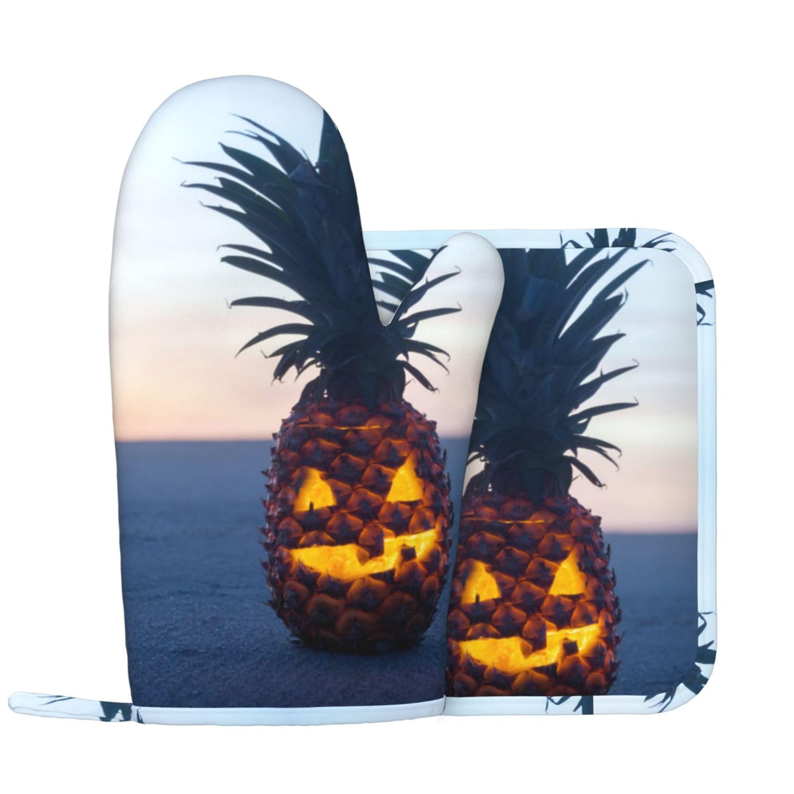 Set Da 4 Guanti Da Forno E Presine Con Fantasia Ananas Tropicale Blu – Antiscivolo, Resistenti Al Calore, Con Corda Per Appenderli - 2