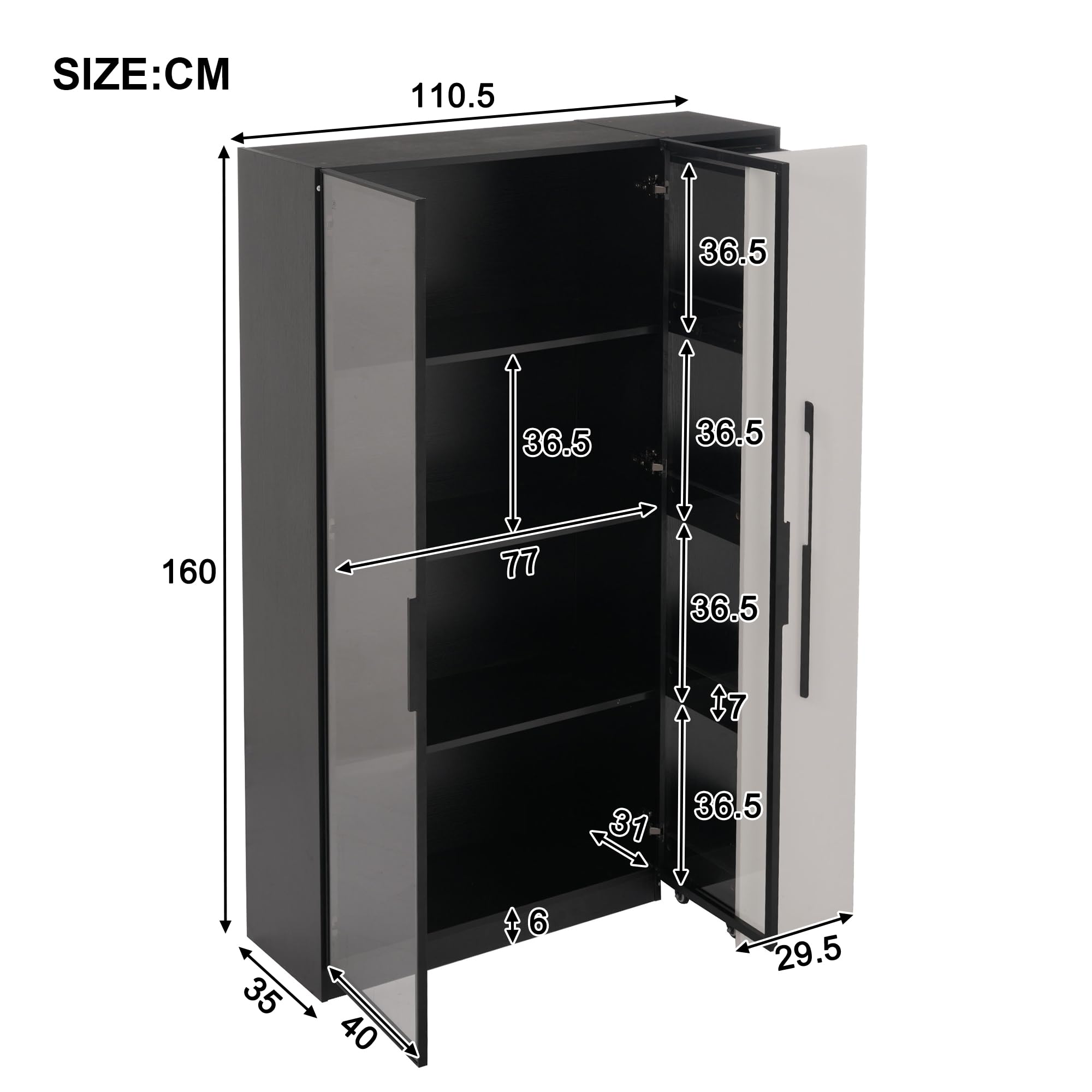 Armadio multifunzione – Vetrina con porta in vetro, design armadietto alto in stile moderno, libreria, armadietto per sala da pranzo (nero e bianco, 110,5 × 35 × 160 cm)