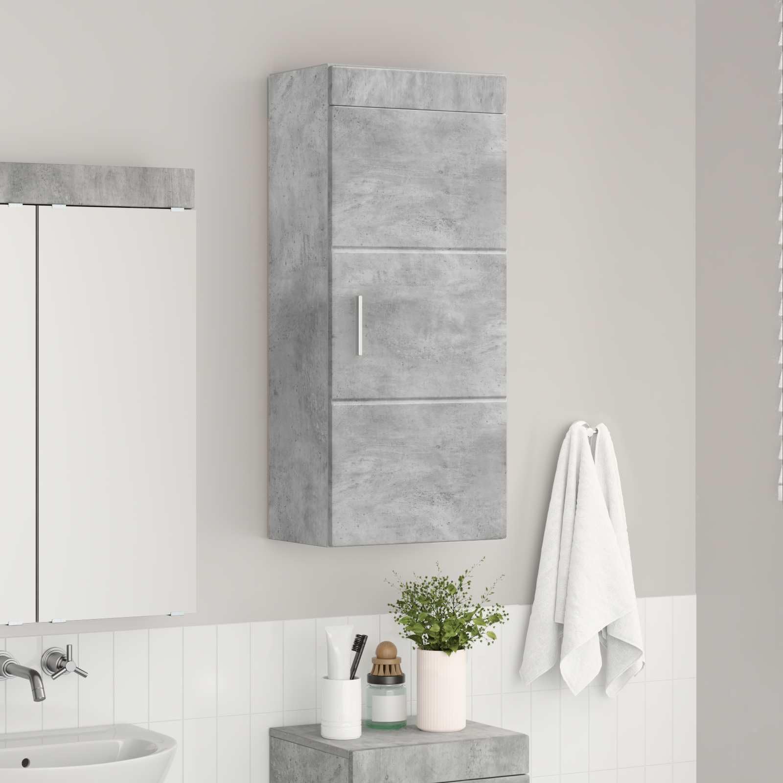Tulum Armoire murale de salle de bain en bois gris béton 37 x 24,5 x 86 cm avec espace de rangement, étagère, porte et surface givrée pour salle de bain moderne et WC d'invités