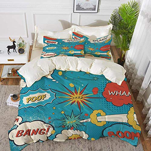 biancheria da letto - Set copripiumino, supereroe, fumetti fumetti stile pop art Divertenti espressioni umoristiche Boom Splash Bang D, copripiumino in microfibra ipoallergenico set con 2 federe 50 x