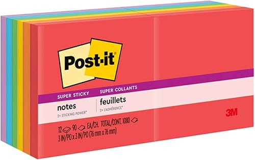 Miniatura 11 de Post-it Notas súper adhesivas, 3 x 3 pulgadas, 12 blocs, 2 veces The Sticking Power, colección de primarias juguetonas, colores primarios (rojo,