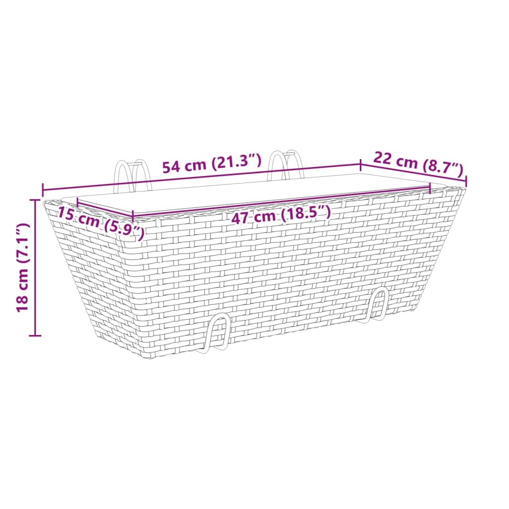 Pflanzkasten mit Haken 2 STK Schwarz Poly Rattan mit Kunststofftopf 54x22x18 cm Balkonkasten für Balkon Terrasse Garten mit Stabiler Stahlhalterung und platzsparender Aufhängung